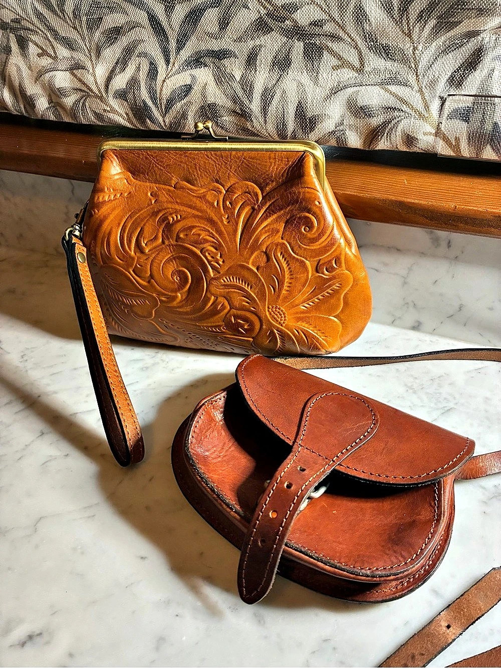 Tooled Leather-Style Crossbody Bags in Brown